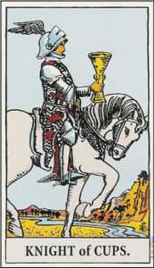 Illustration of the Knight of Cups tarot card from the Rider-Waite deck, showing a knight on horseback holding a cup as he rides through a tranquil landscape. The scene represents romantic pursuit, emotional idealism, and graceful action.