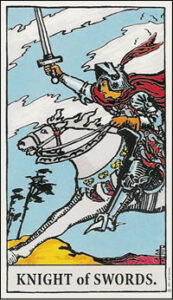 Illustration of the Knight of Swords tarot card from the Rider-Waite deck, showing a knight charging forward on a white horse with sword raised. The stormy sky and dynamic motion symbolize bold action, intellectual drive, and fearless pursuit of truth.