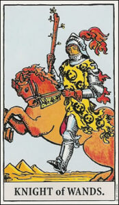 Illustration of the Knight of Wands tarot card from the Rider-Waite deck, featuring a knight in armor riding a rearing horse while holding a wand. The dynamic pose and fiery attire symbolize bold action, adventure, and the pursuit of passionate goals.